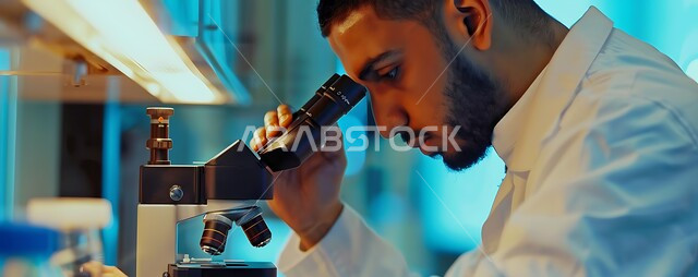 مفهوم البحث والتطوير العلمي, تطور التكنولوجيا الحيوية في المختبرات العلمية في المملكة العربية السعودية, الطب والرعاية الصحية, رجل عربي خليجي سعودي يرتدي المعطف الطبي يقوم باجراء التجارب والفحوصات على العينات المختلفة، استخدام أجهزة الفحص المتطورة الدقيقة