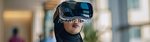 الاستمتاع في قضاء الأوقات الترفيهية عبر استخدام التقنيات الحديثة الالكترونية، صورة بانورامية لشابة عربية خليجية سعودية محجبة تضع نظارات الفي آر ثلاثية الابعاد، الاندماج والتفاعل مع العالم الافتراضي، دمج التكنولوجيا بالحياة العملية