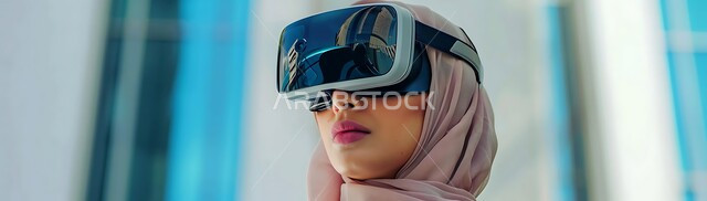 الاستمتاع في قضاء الأوقات الترفيهية عبر استخدام التقنيات الحديثة الالكترونية، صورة بانورامية لشابة عربية خليجية سعودية محجبة تضع نظارات الفي آر ثلاثية الابعاد، الاندماج والتفاعل مع العالم الافتراضي، دمج التكنولوجيا بالحياة العملية