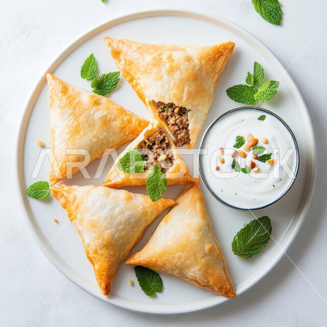Fried pies with various fillings, main dishes for the Iftar table of the holy month of Ramadan, recipes for delicious Saudi Arabian oriental foods and dishes, a plate of crispy samosas stuffed with meat, delicious Ramadan appetizers, white background