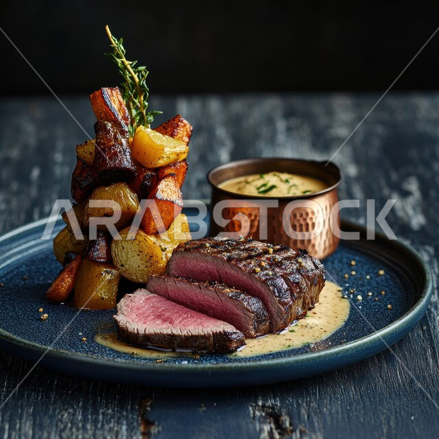 وجبة ذات قيمة غذائية عالية، اللحوم البقرية المشوية الشهية، مطاعم للمأكولات العربية الشرقية، أطعمة غنية بالبروتين، صورة مقربة لطبق مكون من شرائح اللحم و البطاطس المشوية والصلصة