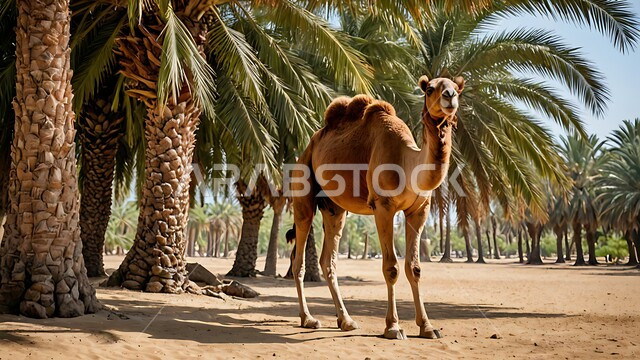 مفهوم تربية الناقة في البادية، حيوان الابل يقف في احدى المحميات في وقت النهار في المملكة العربية السعودية، استخدام الحيوانات للتنقل والترحال، الاهتمام باشجار النخيل والعناية في الثدييات, الرمال الذهبية الناعمة, خلفية الطبيعة 