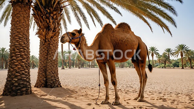 مفهوم تربية الناقة في البادية، حيوان الابل يقف في احدى المحميات في وقت النهار في المملكة العربية السعودية، استخدام الحيوانات للتنقل والترحال، الاهتمام باشجار النخيل والعناية في الثدييات, الرمال الذهبية الناعمة, خلفية الطبيعة 