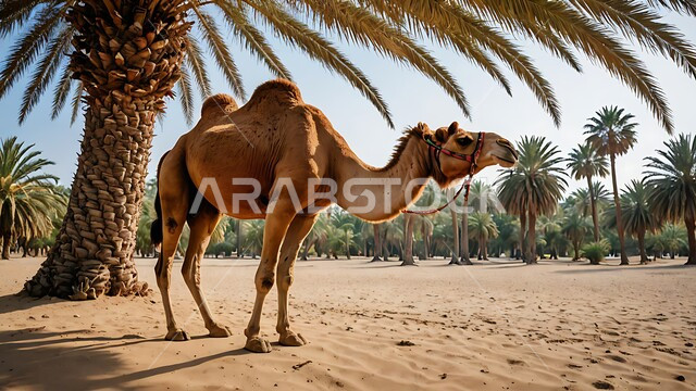 مفهوم تربية الناقة في البادية، حيوان الابل يقف في احدى المحميات في وقت النهار في المملكة العربية السعودية، استخدام الحيوانات للتنقل والترحال، الاهتمام باشجار النخيل والعناية في الثدييات, الرمال الذهبية الناعمة, خلفية الطبيعة 