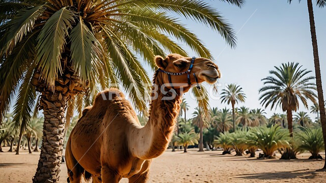 مفهوم تربية الناقة في البادية، صورة مقربة لحيوان الابل يقف في احدى المحميات في وقت النهار في المملكة العربية السعودية، استخدام الحيوانات للتنقل والترحال، الاهتمام باشجار النخيل والعناية في الثدييات, الرمال الذهبية الناعمة, خلفية الطبيعة 