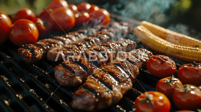 وصفات الدجاج المشوية بنكهات متنوعة، مطاعم للمأكولات العربية الشرقية, صورة مقربة لقطع اللحوم و الخضار على أسياخ الشواء، أطعمة وأغذية صحية, وجبات اللحم الضأن الشهية الساخنة، فنون التقديم في مطابخ السعودية