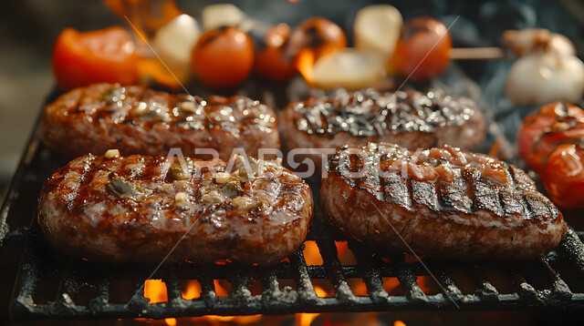 Grilled chicken recipes with various flavors, restaurants for oriental Arabic cuisine, a close-up of pieces of meat and vegetables on skewers, healthy foods and meals, delicious hot lamb meals, the art of presentation in Saudi kitchens