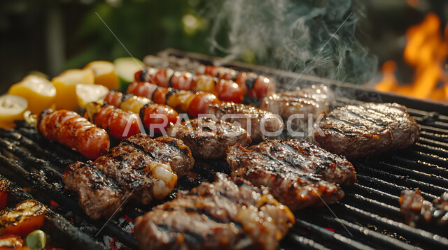 Grilled chicken recipes with various flavors, restaurants for oriental Arabic cuisine, a close-up of pieces of meat and vegetables on skewers, healthy foods and meals, delicious hot lamb meals, the art of presentation in Saudi kitchens