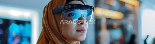الاندماج والتفاعل مع العالم الافتراضي، الاستمتاع في قضاء الأوقات الترفيهية عبر استخدام الأجهزة الحديثة، التقنيات الثري دي الالكترونية، صورة بانورامية لشابة عربية خليجية سعودية محجبة تضع النظارات الذكية ثلاثية الابعاد، دمج التكنولوجيا بالحياة العملية
