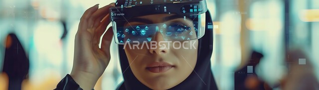 الاندماج والتفاعل مع العالم الافتراضي، الاستمتاع في قضاء الأوقات الترفيهية عبر استخدام الأجهزة الحديثة، التقنيات الثري دي الالكترونية، صورة بانورامية لشابة عربية خليجية سعودية محجبة تضع النظارات الذكية ثلاثية الابعاد، دمج التكنولوجيا بالحياة العملية