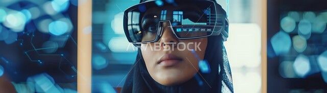 الاندماج والتفاعل مع العالم الافتراضي، الاستمتاع في قضاء الأوقات الترفيهية عبر استخدام الأجهزة الحديثة، التقنيات الثري دي الالكترونية، صورة بانورامية لشابة عربية خليجية سعودية محجبة تضع النظارات الذكية ثلاثية الابعاد، دمج التكنولوجيا بالحياة العملية