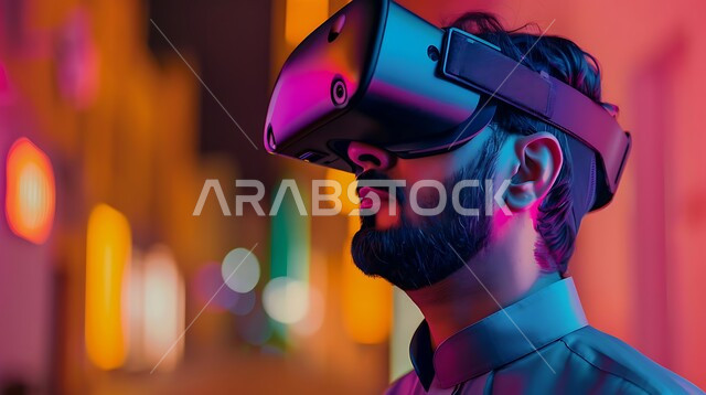 استخدام التقنيات التكنولوجية الحديثة المتطورة، التفاعل والاندماج ومحاكاة العالم الخيالي, صورة مقربة من الجانب لشاب عربي خليجي سعودي يرتدي الثوب التقليدي ويضع نظارة العالم الافتراضي في آر ثلاثية الأبعاد، دمج التكنولوجيا بالحياة العملية