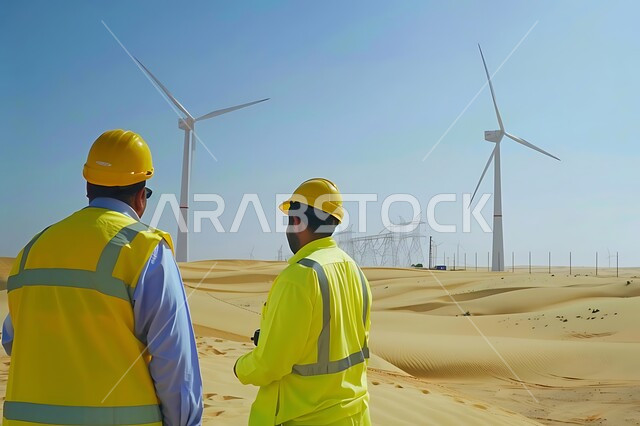  مفهوم استخدام الطاقات المتجددة صديقة البيئة، التنمية المستدامة بالطاقة البديلة في السعودية، صورة من الخلف لمهندسين عربيين خليجيين سعوديين يرتديان الخوذة وسترة الحماية يقفان أمام طواحين الهواء في المناطق الصحرواية، حقول توليد الكهرباء بواسطة توربينات الرياح