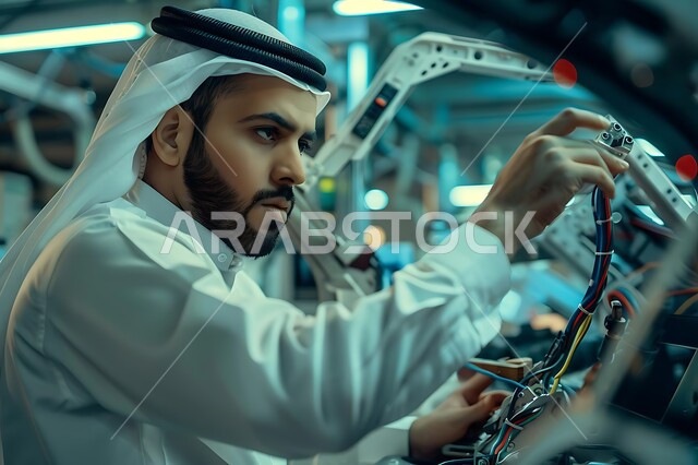 تطور التقنيات الحديثة في المملكة, هندسة الإلكترونيات والتكنولوجيا المتقدمة, مراكز الأبحاث العلمية في السعودية, صورة مقربة لمهندس عربي خليجي سعودي يرتدي الثوب التقليدي والغترة يقوم بالعمل على تطوير الروبوتات الذكية, مختبر للابتكارات والمخترعات المستقبلية