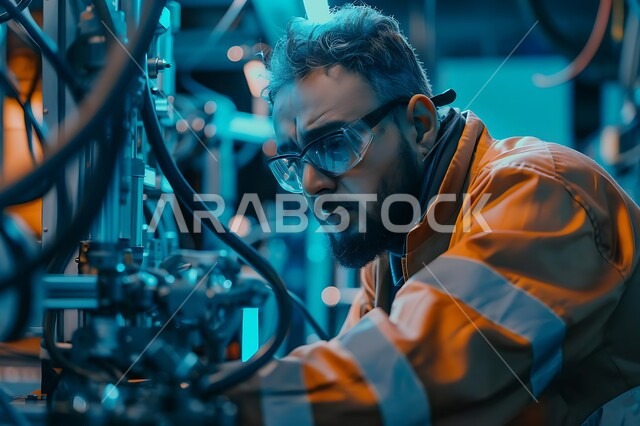 Electronics engineering and advanced technology, development of modern technologies in the Kingdom, scientific research centers in Saudi Arabia, close-up of a Saudi Arabian Gulf engineer wearing a uniform and safety glasses working on developing smart robots, a laboratory for future innovations and inventions