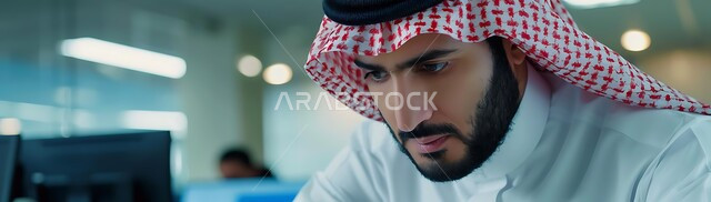 مهن ووظائف إدارية مكتبية للشباب السعودي، إدارة مهام العمل اليومية، صورة بانورامية لرجل عربي سعودي يرتدي الشماغ و الثوب التقليدي يجلس خلف المكتب ويتابع عمله، متابعة إستراتيجيات وأهداف الشركة, دراسة وتحليل المشاريع الجديدة