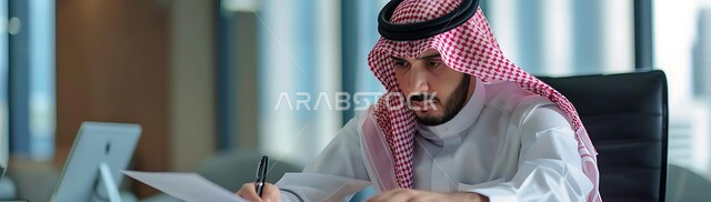 مهن ووظائف إدارية مكتبية للشباب السعودي، إدارة مهام العمل اليومية، صورة بانورامية لرجل عربي سعودي يرتدي الشماغ و الثوب التقليدي يجلس خلف المكتب ويتابع عمله، متابعة إستراتيجيات وأهداف الشركة, دراسة وتحليل المشاريع الجديدة