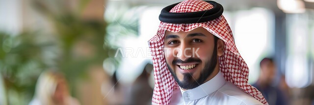 مهن ووظائف إدارية مكتبية للشباب السعودي، إدارة مهام العمل اليومية، صورة بانورامية لرجل عربي سعودي يرتدي الشماغ و الثوب التقليدي يجلس خلف المكتب ويينظر إلى الكاميرا بإيماءات السعادة، متابعة إستراتيجيات وأهداف الشركة, دراسة وتحليل المشاريع الجديدة