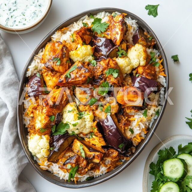 فنون تقديم الطعام في مطاعم المأكولات التقليدية الشرقية، طبق من الأرز مع قطع الدجاج المزين بالخضار و البقدونس، وصفات وأطباق طعام لذيذة صحية، أكلات شعبية عربية خليجية سعودية
