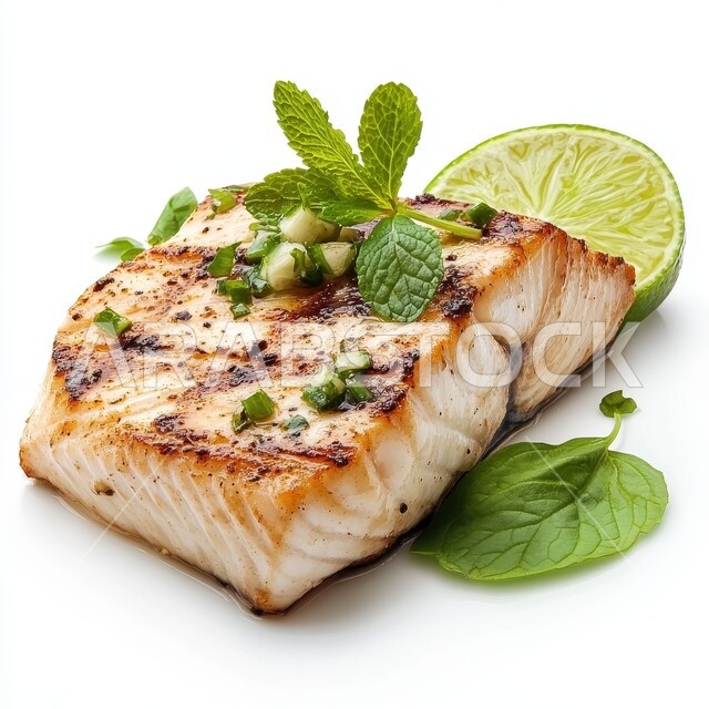 وجبة ذات قيمة غذائية عالية، فنون التقديم في مطاعم ومطابخ المملكة العربية السعودية، أطباق من المأكولات العربية التقليدية الشعبية، سمك السلمون المشوي مع الخضار، وصفات طعام شهية صحية ولذيذة، خلفية بيضاء