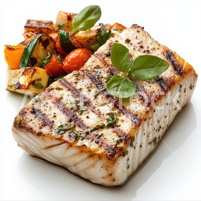 سمك السلمون المشوي مع الخضار، وجبة ذات قيمة غذائية عالية، فنون التقديم في مطاعم ومطابخ المملكة العربية السعودية، أطباق من المأكولات العربية التقليدية الشعبية، وصفات طعام شهية صحية ولذيذة, خلفية بيضاء