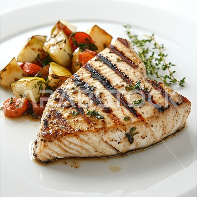 سمك السلمون المشوي مع الخضار، وجبة ذات قيمة غذائية عالية، فنون التقديم في مطاعم ومطابخ المملكة العربية السعودية، أطباق من المأكولات العربية التقليدية الشعبية، وصفات طعام شهية صحية ولذيذة, خلفية بيضاء