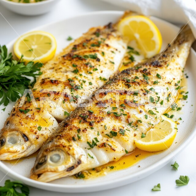 Delicious and healthy dishes, restaurants for popular dishes, distinctive ways to serve food, recipes for oriental seafood, kitchens of the Kingdom of Saudi Arabia, a close-up of a grilled fish dish with lemon and herbs, white background