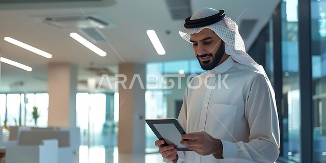 دراسة وتحليل المشاريع الجديدة، متابعة إستراتيجيات وأهداف الشركة, إدارة مهام العمل اليومية باستخدام التكنولوجيا الحديثة، مهن ووظائف إدارية مكتبية للشباب السعودي، رجل عربي سعودي يرتدي الثوب التقليدي والغترة يقف داخل المكتب ويمسك بالجهاز اللوحي بيديه