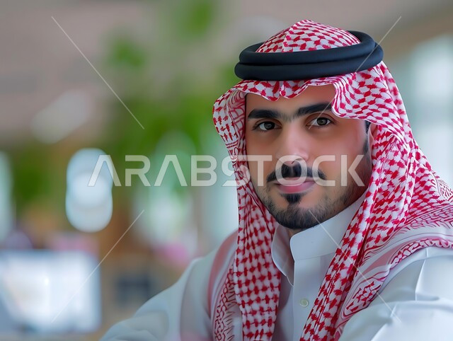 إدارة مهام العمل اليومية، مهن ووظائف إدارية مكتبية للشباب السعودي، صورة مقربة لرجل عربي سعودي يرتدي الشماغ و الثوب التقليدي ينظر إلى الكاميرا بإيماءات السعادة من داخل المكتب، متابعة إستراتيجيات وأهداف الشركة, دراسة وتحليل المشاريع الجديدة