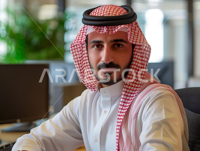 إدارة مهام العمل اليومية، مهن ووظائف إدارية مكتبية للشباب السعودي، صورة مقربة لرجل عربي سعودي يرتدي الشماغ و الثوب التقليدي ينظر إلى الكاميرا بإيماءات السعادة من داخل المكتب، متابعة إستراتيجيات وأهداف الشركة, دراسة وتحليل المشاريع الجديدة