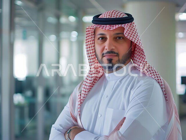 إدارة مهام العمل اليومية، مهن ووظائف إدارية مكتبية للشباب السعودي، صورة مقربة لرجل عربي سعودي يرتدي الشماغ و الثوب التقليدي ينظر إلى الكاميرا بإيماءات السعادة من داخل المكتب، متابعة إستراتيجيات وأهداف الشركة, دراسة وتحليل المشاريع الجديدة