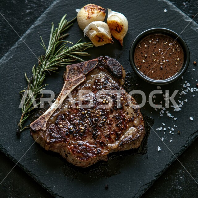 A plate of grilled steak with spices and delicious vegetables, delicious oriental Arabic cuisine, healthy lamb meals, fast food restaurant presentation arts, flavorful meat recipes, black background