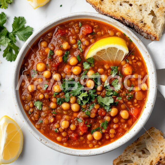 وجبات الإفطار الصحية الشهية في المطاعم الشرقية، أصناف المقبلات الشعبية، مأكولات عربية تقليدية، وصفات الطعام السعودية, صورة مقربة لشوربة العدس والحمص الشهية مع البقدونس، خلفية بيضاء