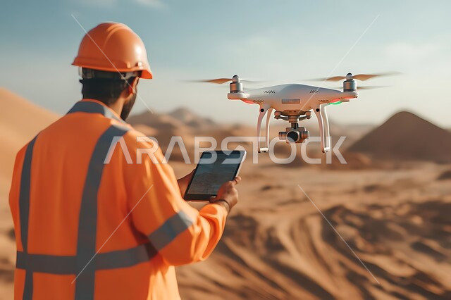 Technical and technological progress of photography tools, modern digital photography techniques and devices, a picture from the back of a Saudi Arabian Gulf engineer wearing a uniform and a protective helmet supervising the work of the drone via a tablet, using small drones to survey large geographical areas
