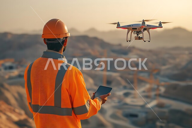 Technical and technological progress of photography tools, modern digital photography techniques and devices, a picture from the back of a Saudi Arabian Gulf engineer wearing a uniform and a protective helmet supervising the work of the drone via a tablet, using small drones to survey large geographical areas