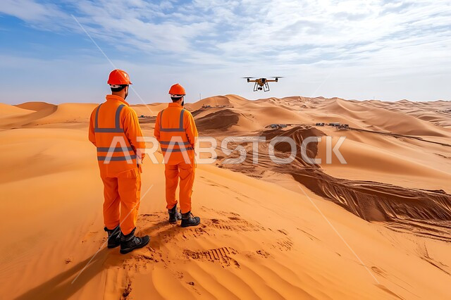 استخدام طائرات الدرون الصغيرة لمسح المناطق الجغرافية الواسعة، التقدم التقني والتكنولوجي لأدوات التصوير، تقنيات وأجهزة تصوير رقمية حديثة، صورة من الخلف لمهندسين عربيين خليجيين سعوديين يرتديان اليونيفورم وخوذة الحماية يقومان بالإشراف على عمل الطائرة بدون طيار