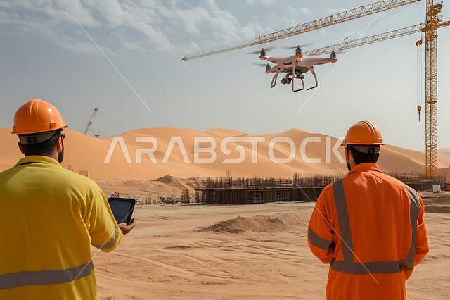 استخدام طائرات الدرون الصغيرة لتسهيل العمل، التقدم التقني والتكنولوجي لأدوات التصوير، تقنيات وأجهزة مسح رقمية حديثة، صورة من الخلف لمهندسين عربيين خليجيين سعوديين يرتديان اليونيفورم وخوذة الحماية يقومان بالإشراف على عمل الطائرة بدون طيار في موقع البناء