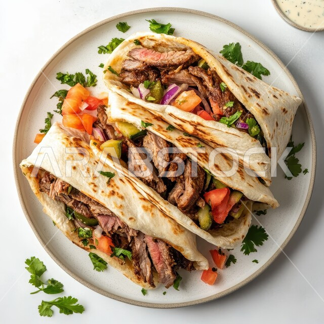 فنون التقديم في مطاعم ومطابخ المملكة العربية السعودية، المأكولات العربية الشرقية، صورة مقربة لساندويش شاورما على طبق أبيض مع الخضراوات الطازجة، وجبات الطعام السريعة الشهية، وصفات وأطعمة متميزة، خلفية بيضاء