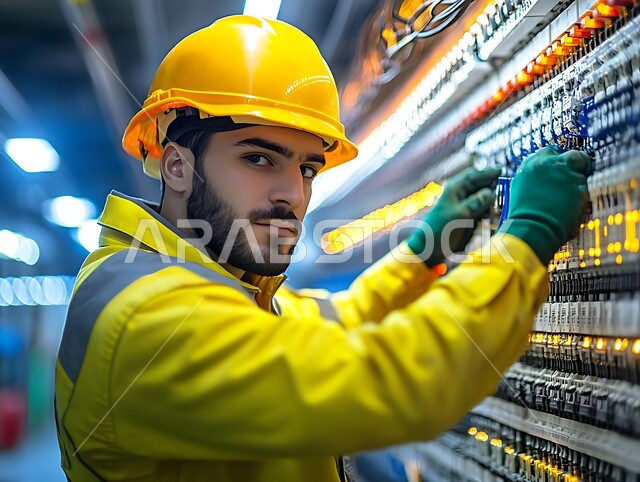 مفهوم العمل في مجال الهندسة الكهربائية، مهندس عربي خليجي سعودي يرتدي اليونيفورم وقفازات العزل وخوذة الحماية يقوم بتوصيل القواطع والمفاتيح، استخدام معدات وأدوات الفحص اللازمة، صيانة وتركيب لوحة عداد الكهرباء، تمديد الأسلاك والتوصيلات الكهربائية بشكل احترافي وآمن