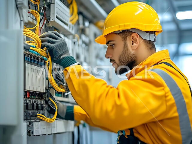 مفهوم العمل في مجال الهندسة الكهربائية، مهندس عربي خليجي سعودي يرتدي اليونيفورم وقفازات العزل وخوذة الحماية يقوم بتوصيل القواطع والمفاتيح، استخدام معدات وأدوات الفحص اللازمة، صيانة وتركيب لوحة عداد الكهرباء، تمديد الأسلاك والتوصيلات الكهربائية بشكل احترافي وآمن