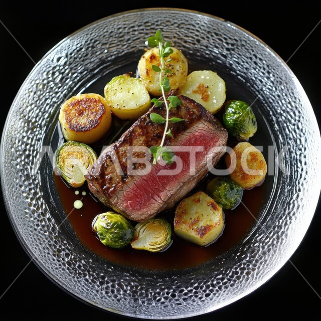 طبق معدني مزخرف يحتوي ستيك اللحم المشوي مع الخضروات، وجبات لحوم الضأن الصحية، المأكولات العربية الشرقية الشهية، مطاعم الأكلات السريعة، وصفات وأطباق متميزة في مطابخ المملكة العربية السعودية، خلفية سوداء