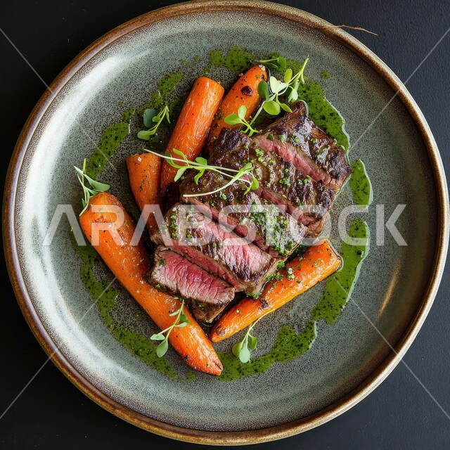 وصفات اللحوم الغنية بالبروتين ,مطاعم و مطابخ المملكة العربية السعودية, فنون تقديم الأطعمة الشرقية, مأكولات صحية شهية, صورة مقربة لطبق شريحة لحم مشوية مع الخضروات, خلفية رمادي