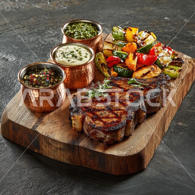 وصفات اللحوم الغنية بالبروتين ,مطاعم و مطابخ المملكة العربية السعودية, فنون تقديم الأطعمة الشرقية, مأكولات صحية شهية, صورة مقربة لطبق خشبي يحتوي على شريحة لحم مشوية مع الخضروات و الصوصات، خلفية رمادي