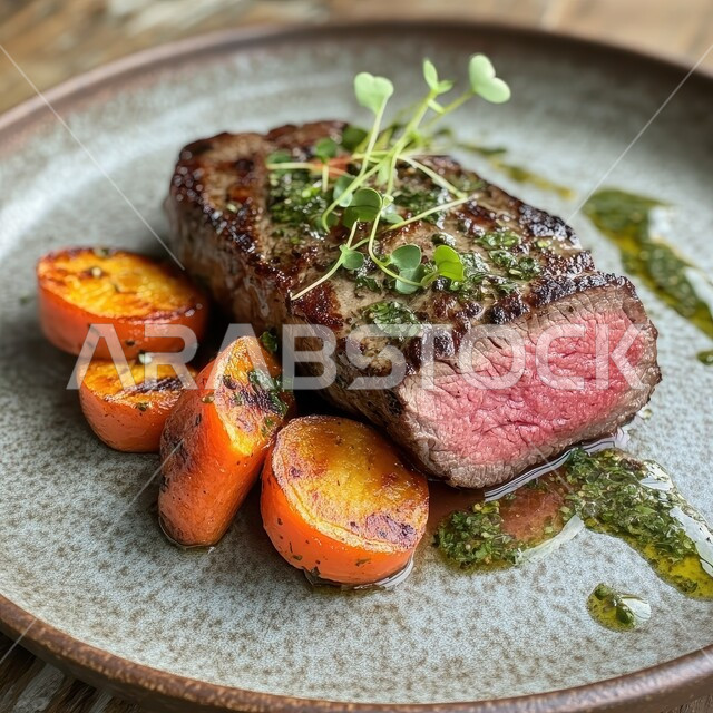 وصفات اللحوم الغنية بالبروتين ,مطاعم و مطابخ المملكة العربية السعودية, فنون تقديم الأطعمة الشرقية, مأكولات صحية شهية, صورة مقربة لطبق شريحة لحم مشوية مع الخضروات