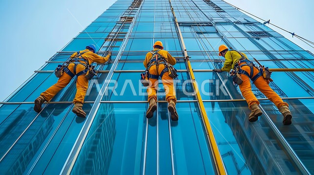 Hard and dangerous jobs and professions, a group of Saudi Arabian Gulf workers wearing uniforms and helmets and equipped with climbing ropes and special equipment for protection and safety, cleaning the large glass facades of buildings, towers and tall skyscrapers, using equipment and tools that are easy to transport and carry