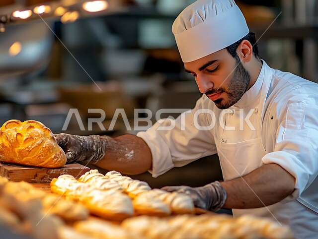 فنون ومهارات الإبتكار، تزيين أطباق الحلويات المختلفة بطرق مميزة، تحضير المعجنات التقليدية الشهية، شيف حلويات عربي خليجي سعودي يرتدي زي الطهاة يقوم بإعداد المخبوزات الطازجة، أصناف الحلا العربية الشرقية اللذيذة، العمل في مطابخ ومطاعم المملكة العربية السعودية