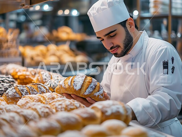 فنون ومهارات الإبتكار، تزيين أطباق الحلويات المختلفة بطرق مميزة، تحضير المعجنات التقليدية الشهية، شيف حلويات عربي خليجي سعودي يرتدي زي الطهاة يقوم بإعداد المخبوزات الطازجة، أصناف الحلا العربية الشرقية اللذيذة، العمل في مطابخ ومطاعم المملكة العربية السعودية
