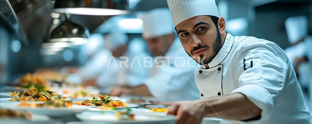 فنون تزيين وتقديم الأطباق المختلفة بطرق مميزة ومبتكرة، تحضير المأكولات الشعبية التقليدية الشهية، شيف عربي خليجي سعودي يرتدي زي الطهاة يقوم بإعداد وتحضير الطعام، الأصناف والمقبلات العربية الشرقية اللذيذة، العمل في مطابخ ومطاعم المملكة العربية السعودية 