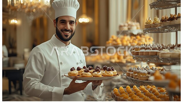 فنون ومهارات الإبتكار، تزيين أطباق الحلويات المختلفة بطرق مميزة، تحضير المعجنات التقليدية الشهية، شيف حلويات عربي خليجي سعودي يرتدي زي الطهاة يقوم بإعداد المخبوزات الطازجة، أصناف الحلا العربية الشرقية اللذيذة، العمل في مطابخ ومطاعم المملكة العربية السعودية