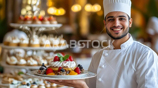 فنون ومهارات الإبتكار، تزيين أطباق الحلويات المختلفة بطرق مميزة، تحضير المعجنات التقليدية الشهية، شيف حلويات عربي خليجي سعودي يرتدي زي الطهاة يقوم بإعداد المخبوزات الطازجة، أصناف الحلا العربية الشرقية اللذيذة، العمل في مطابخ ومطاعم المملكة العربية السعودية